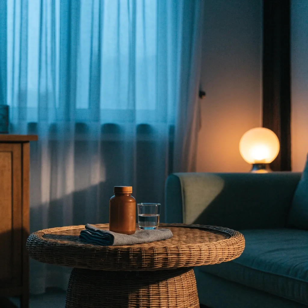 A single unbranded supplement bottle, a glass of water, and a closed notebook on a dim tabletop in the evening