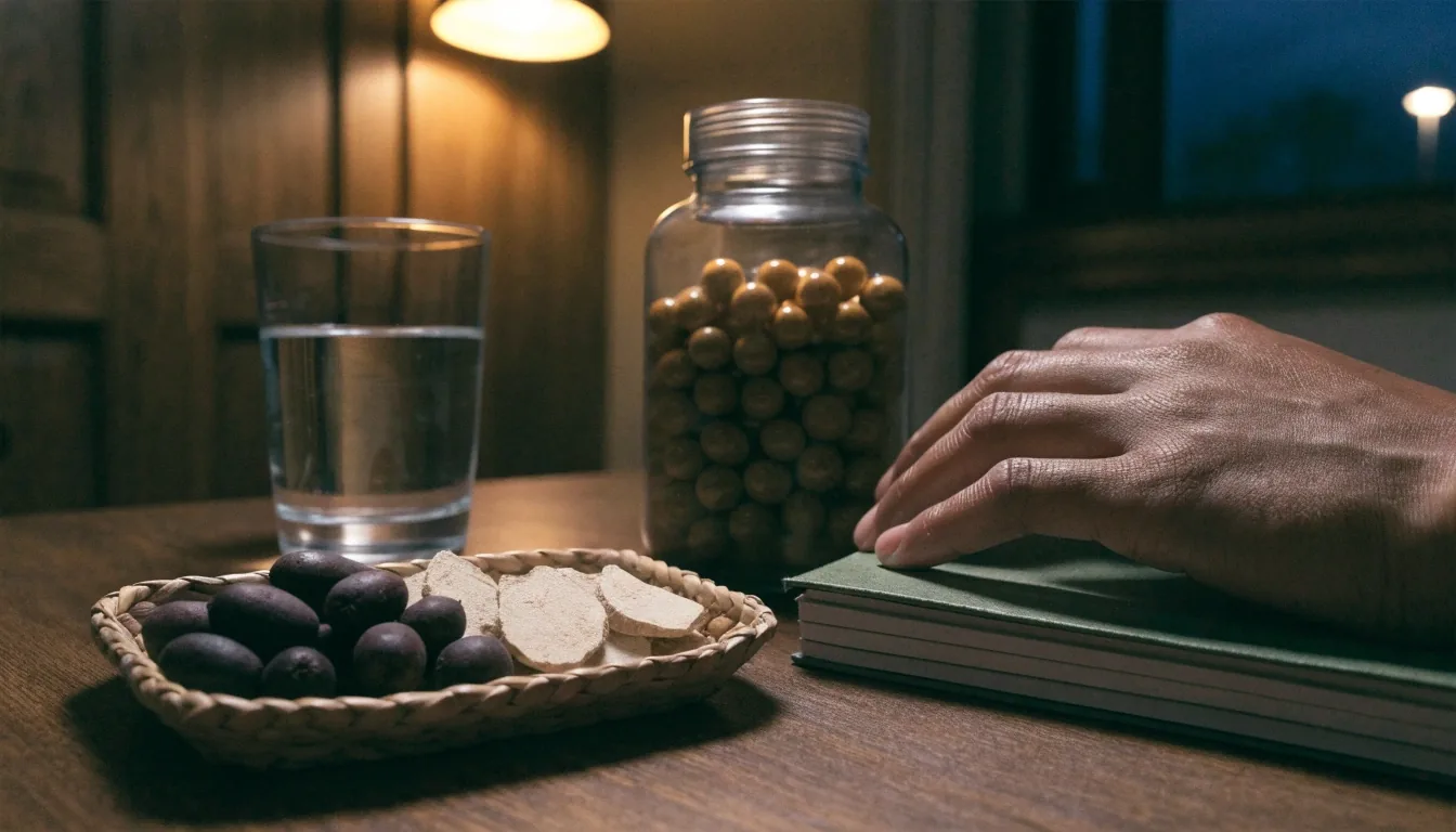 Editor placing a closed folder on a shelf at the end of the workday beside a bottle of daily vitamins