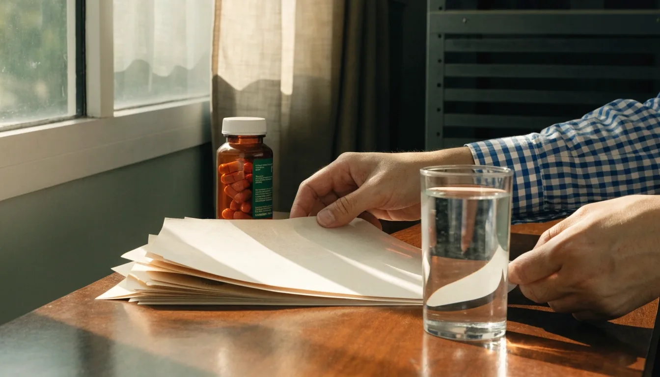Editor working at a printing desk in the NovaPoise office, reviewing a layout beside a bottle of men's daily vitamin capsules