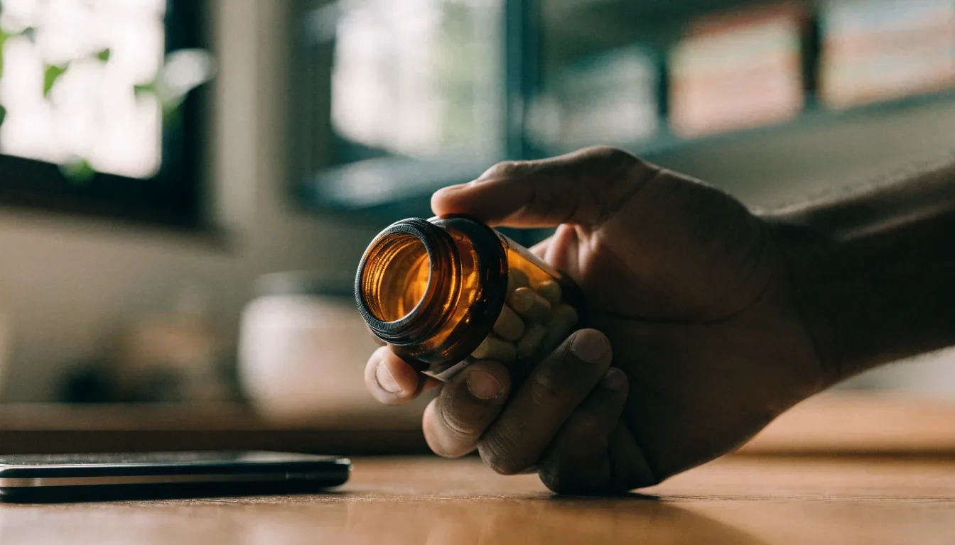 Hands turning a supplement bottle to inspect the back label beside a phone on a counter