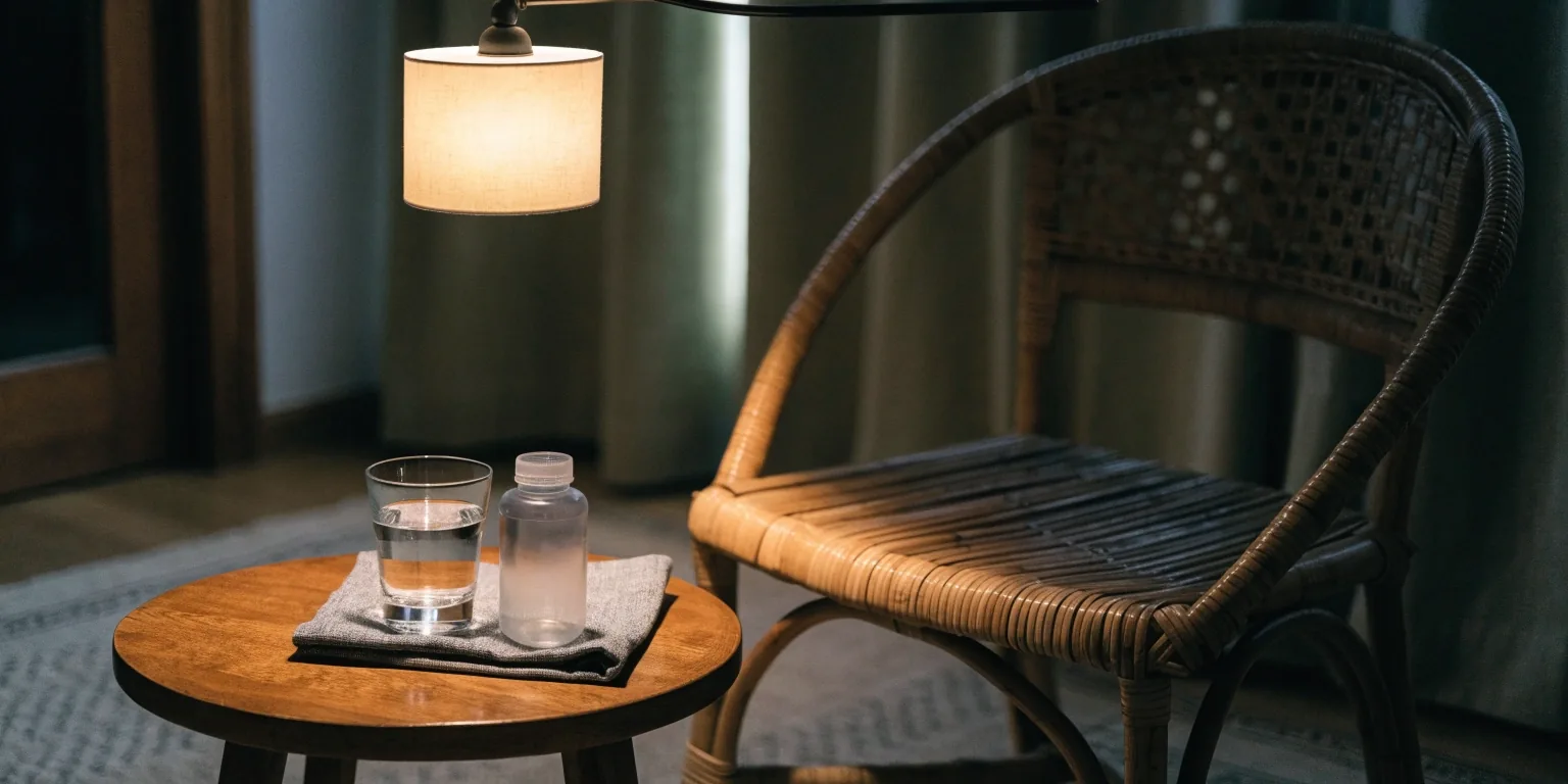 A quiet evening desk with a glass of water, a small plant and an unbranded bottle tray