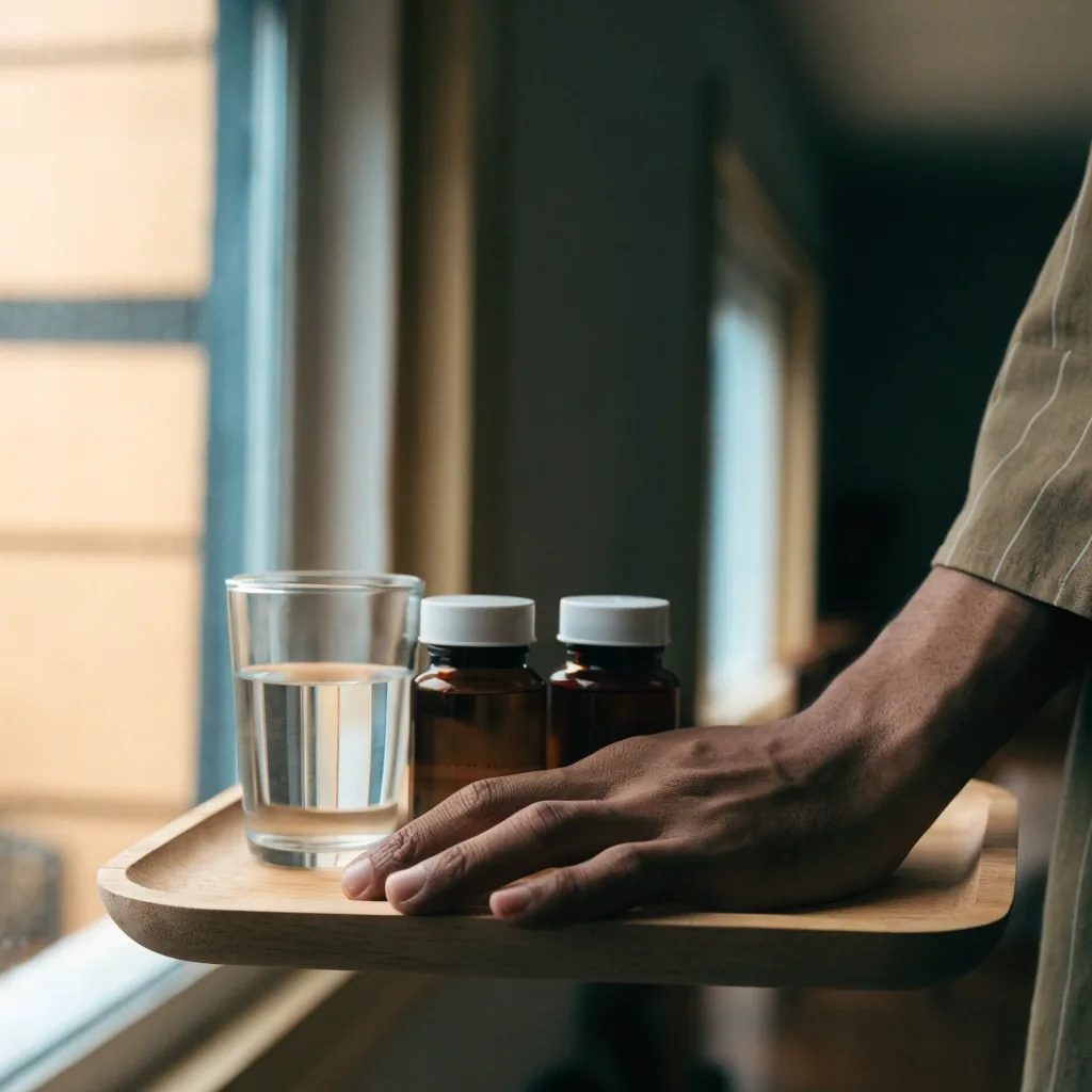Unbranded supplement bottles and a glass of water on a concrete counter in daylight