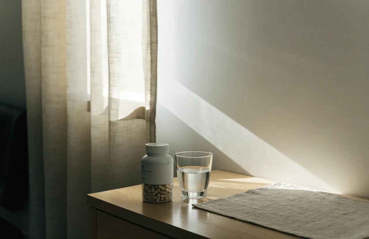 A plain supplement bottle and a glass of water on a bedside table in early morning light