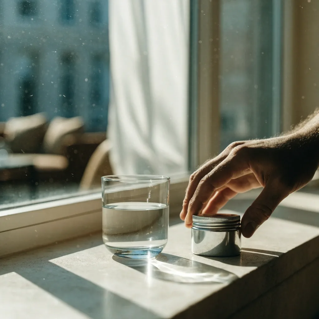 A small plain supplement jar and a glass of water on a breakfast table in morning light