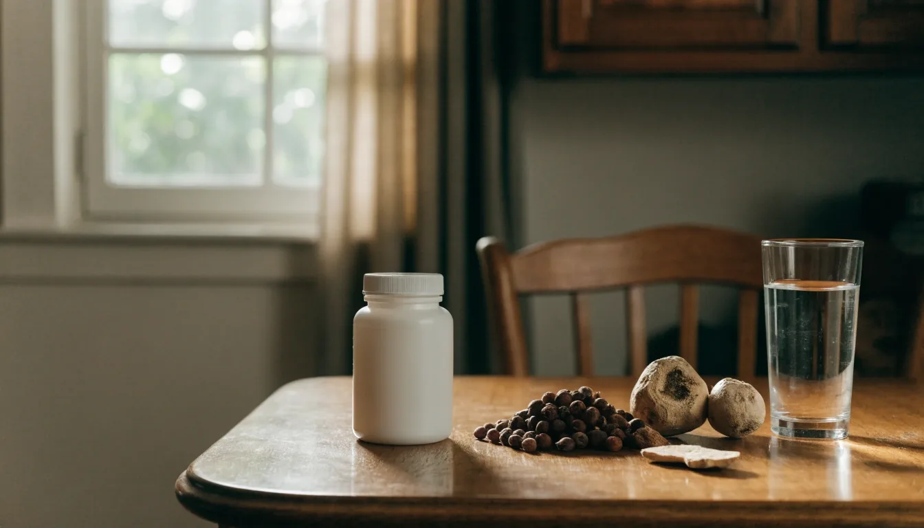 A man holding a plain supplement bottle beside a glass of water in a morning kitchen