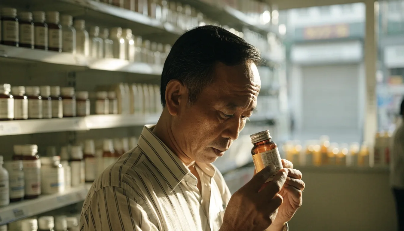 A man reading the back of a supplement bottle in a bright pharmacy aisle