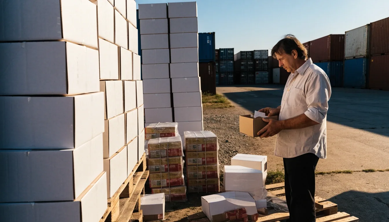 Stacked plain supplement cartons on a loading pallet at golden hour