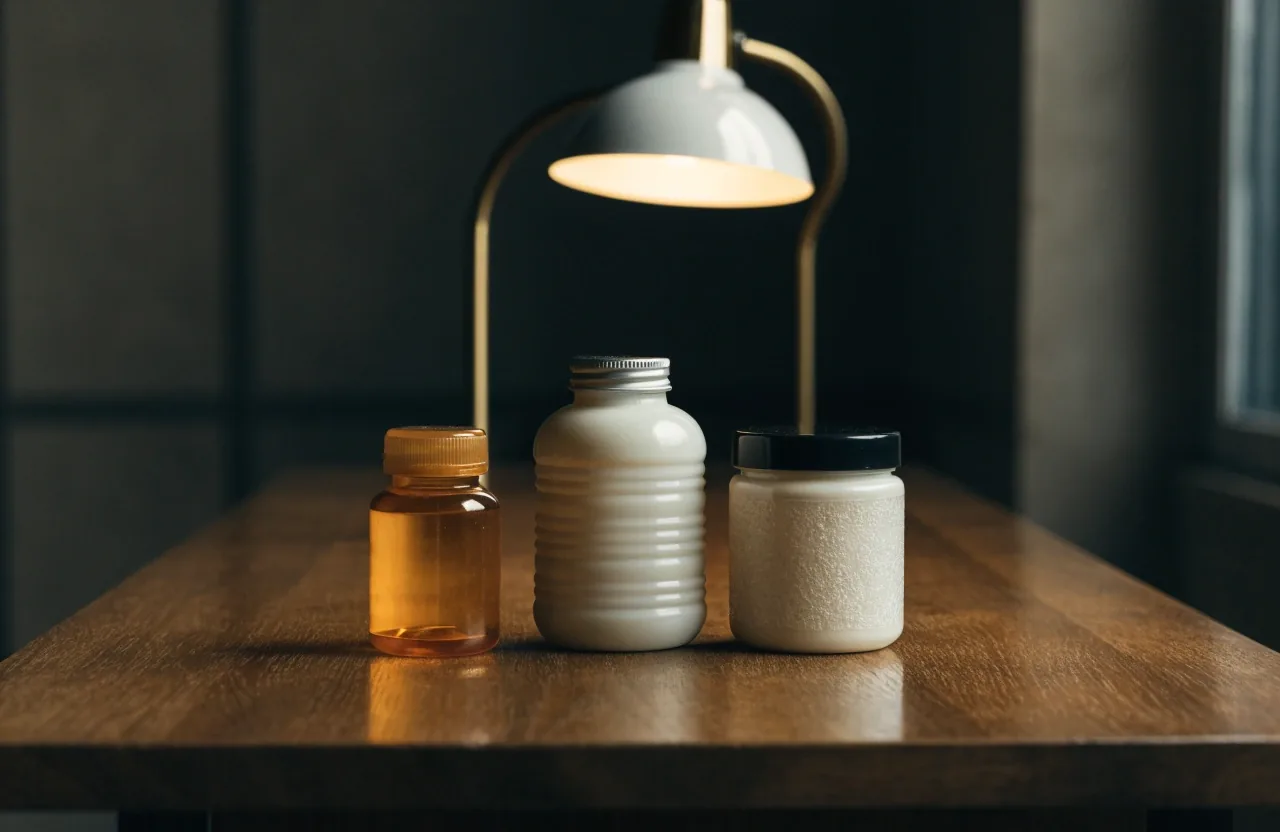 Three unmarked supplement bottles lined up on a table under a single lamp