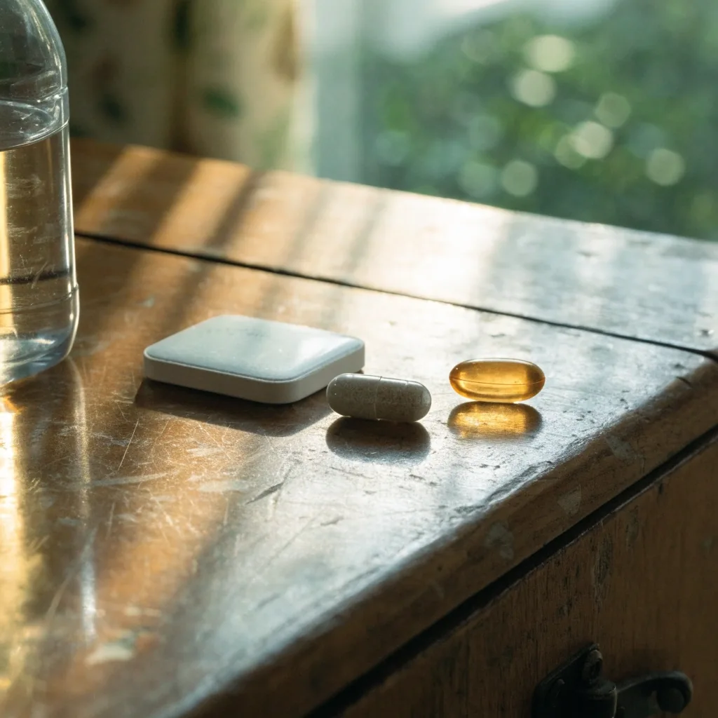 Three unmarked supplement formats — tablet, capsule and softgel — under side light