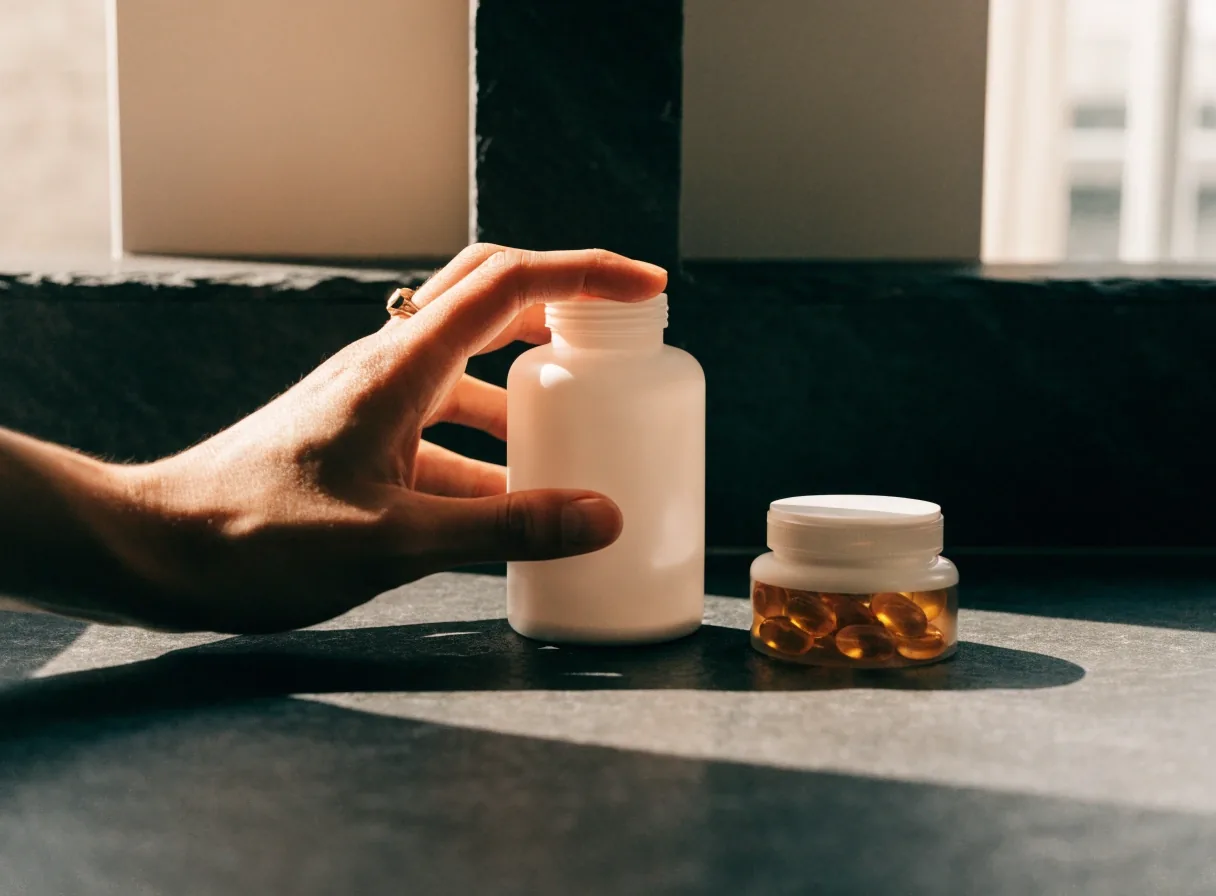Two plain unmarked supplement bottles arranged on a dark surface