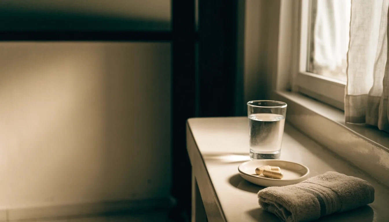 A quiet morning bathroom counter with a glass of water and a dish of capsules