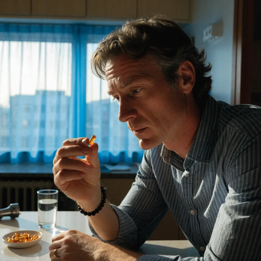 A man examining a daily men's vitamin capsule at a sunlit kitchen counter
