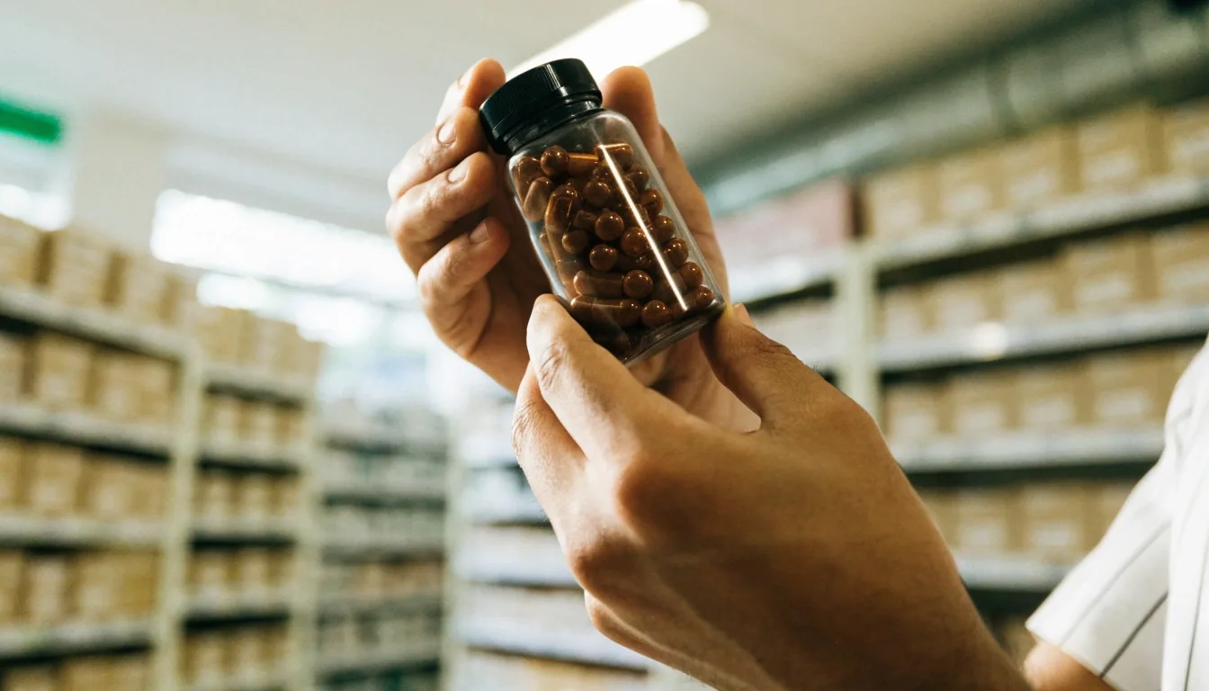 Hands turning a supplement bottle in a bright pharmacy aisle