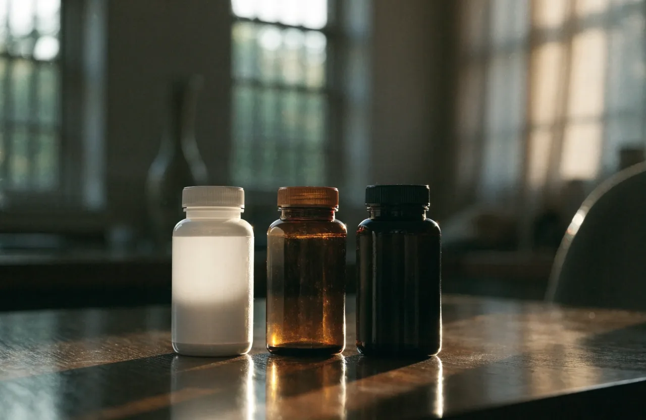 A softly lit pharmacy shelf with plain supplement bottles and a hand adjusting one