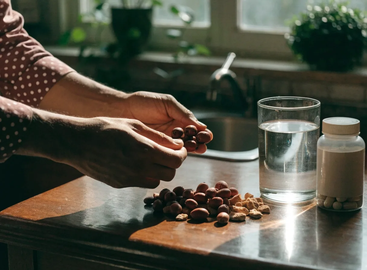 A man checking a plain capsule bottle at his kitchen counter in morning light