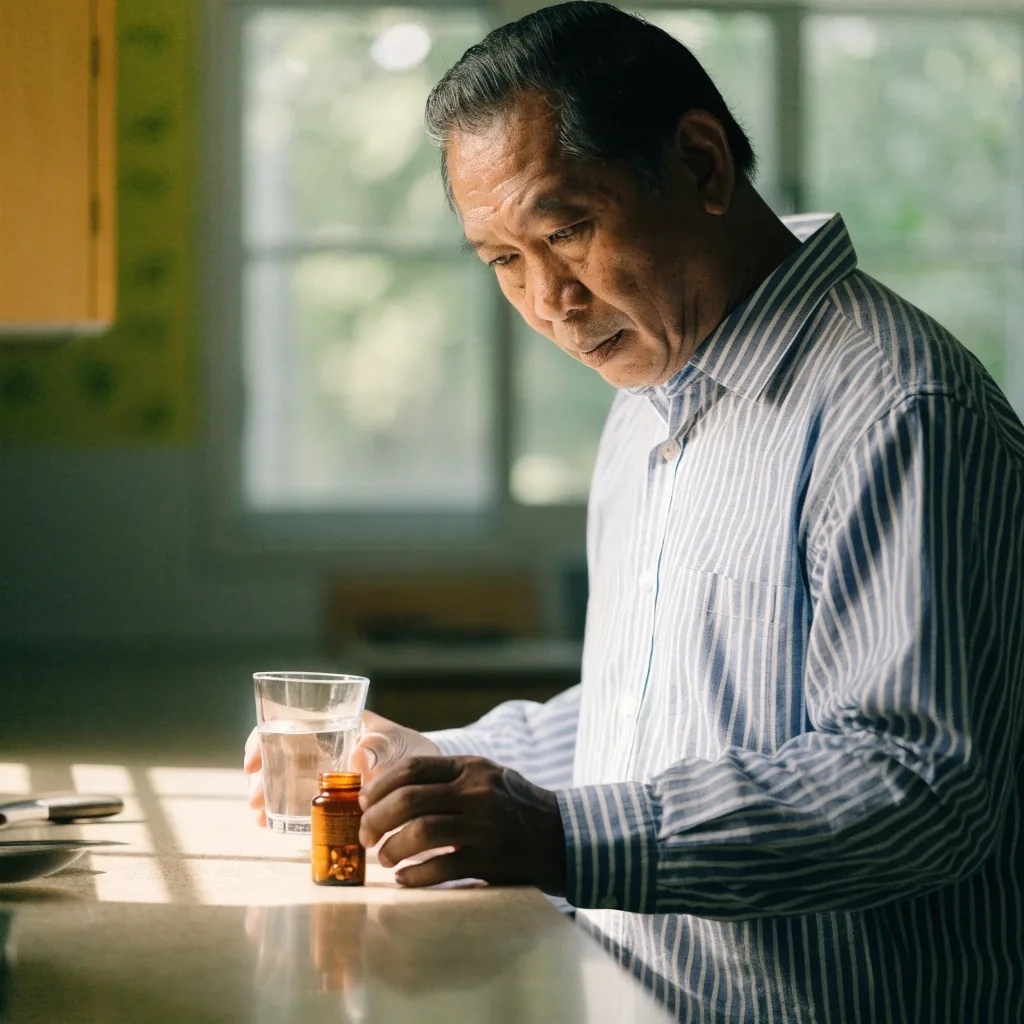 An older man relaxing in a sunlit living room with a plain supplement bottle on the side table