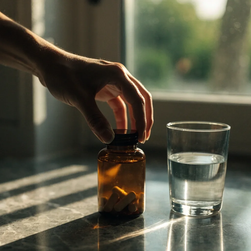 Hands opening a plain supplement bottle on a dark counter beside a glass of water