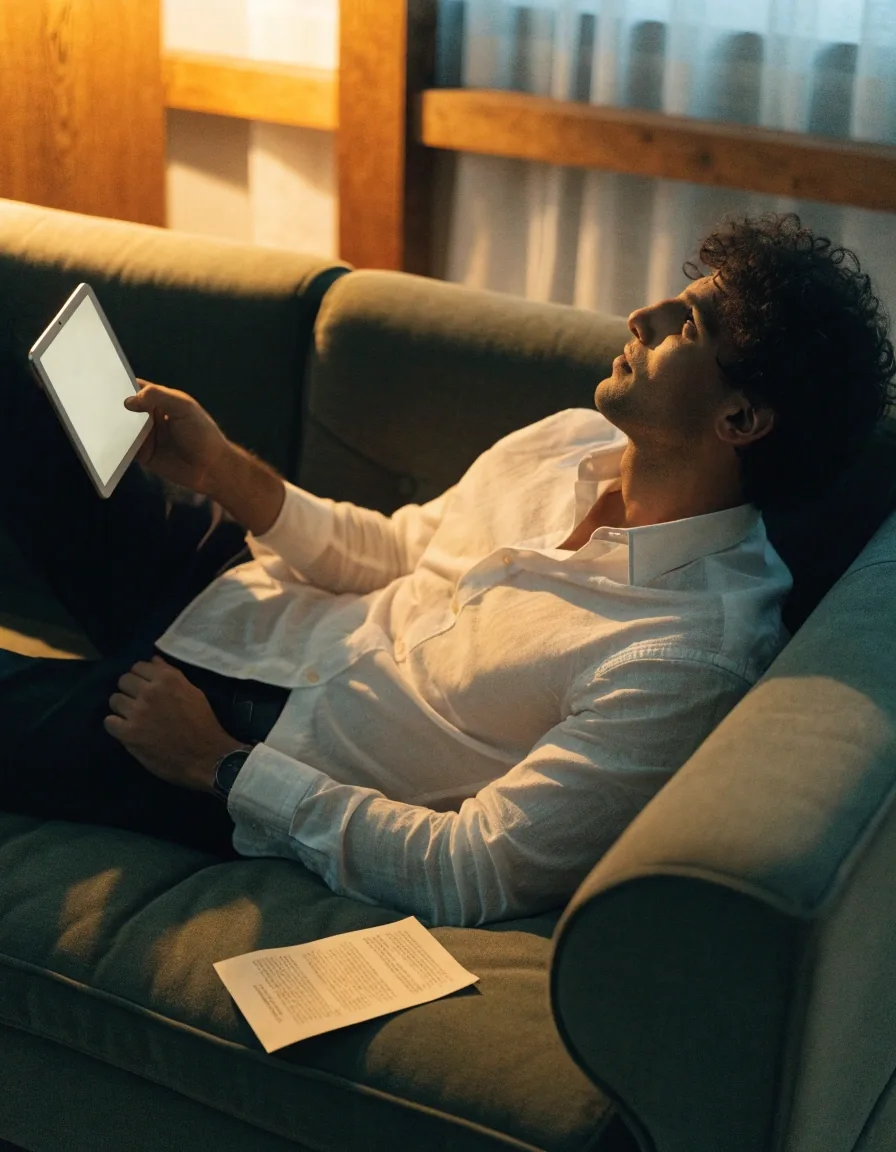 A man on a sofa holding a tablet with a softly glowing screen