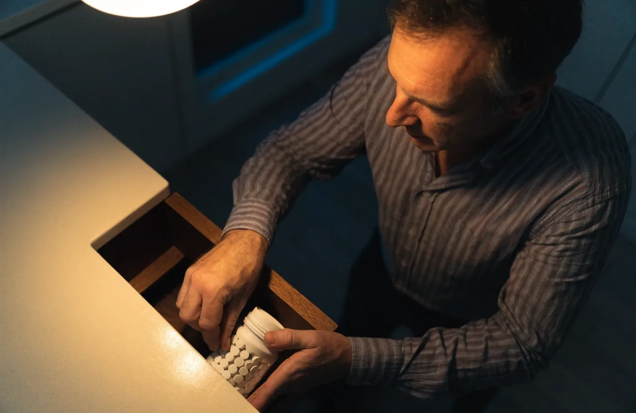 A man putting a supplement container into a kitchen drawer in the evening