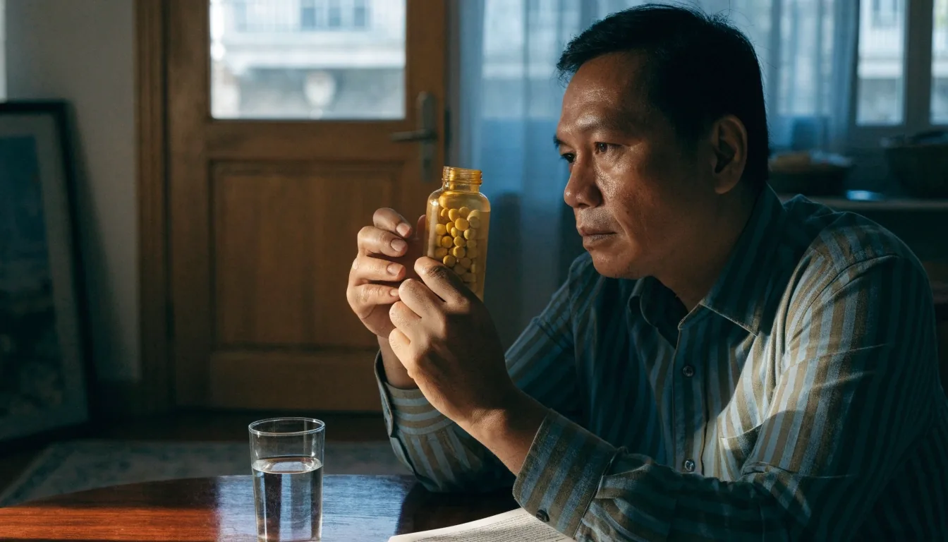 A man reviewing a supplement bottle in daylight at a table