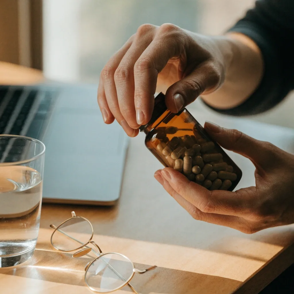 Hands turning a supplement bottle beside a closed laptop on a desk