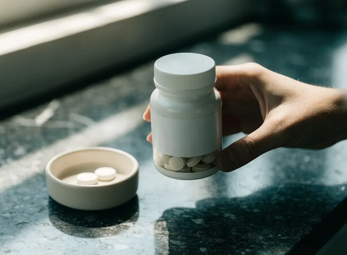 An unbranded bottle of zinc and vitamin B6 tablets on a dark counter