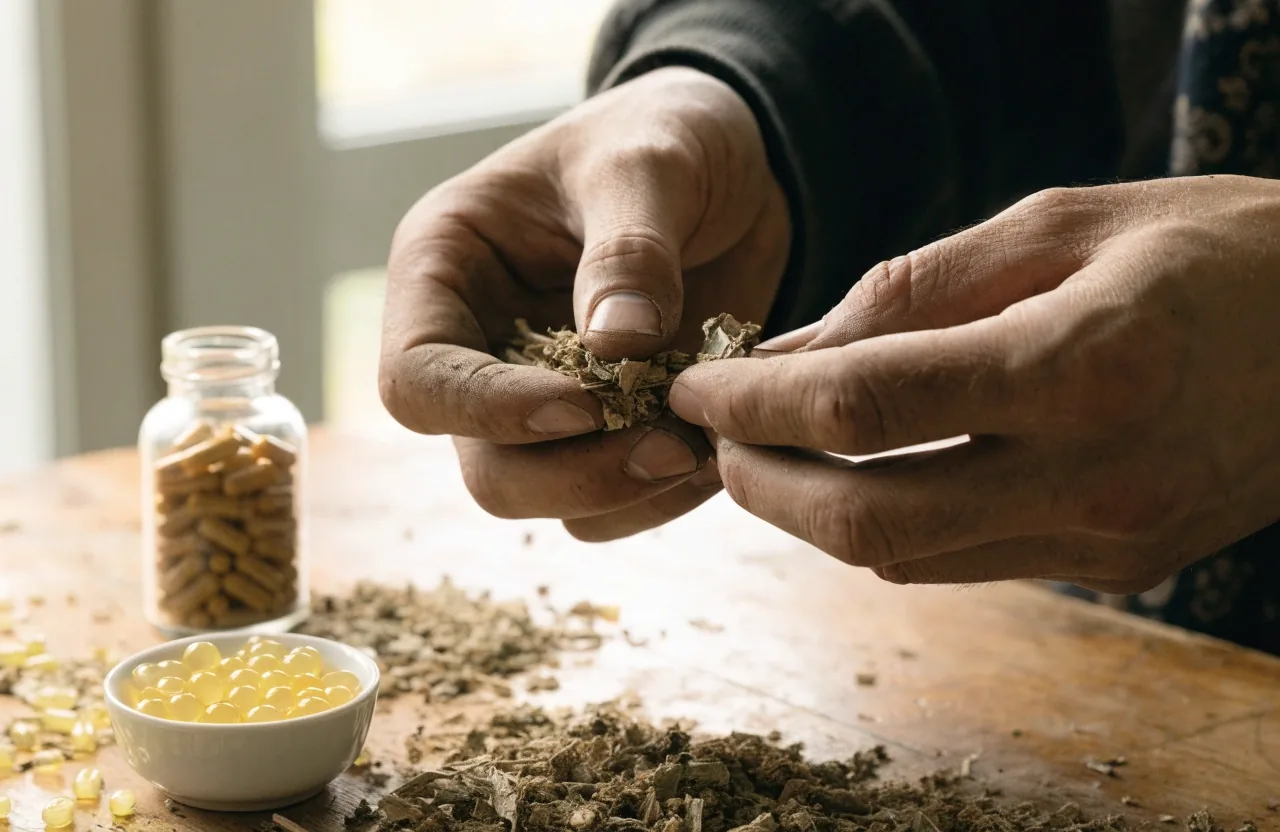 Dried botanicals and an unbranded bottle arranged for a herbal vitality comparison