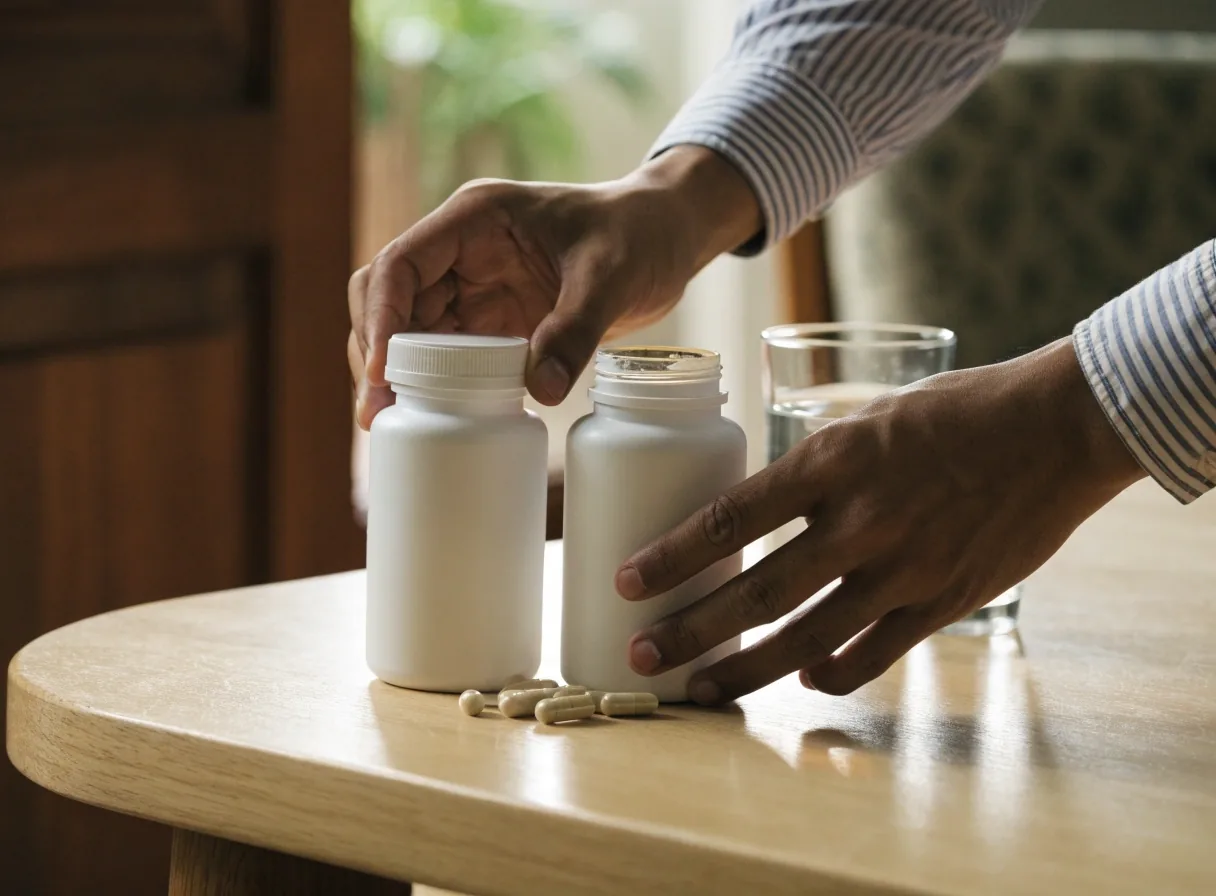 Two unbranded daily multivitamin bottles side by side with capsules nearby