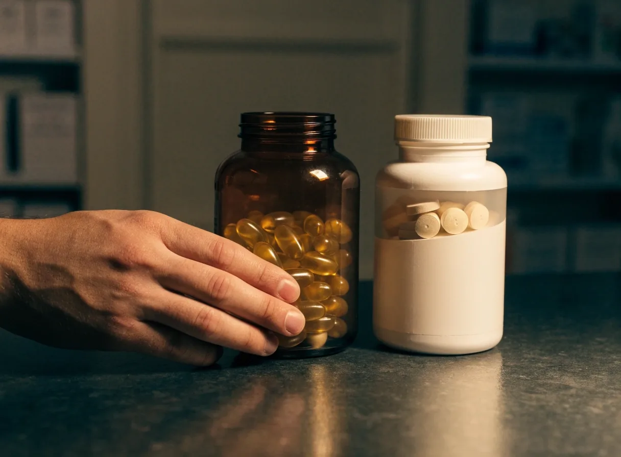 Unbranded softgel and tablet bottles for prostate-positioned supplements on a dark counter