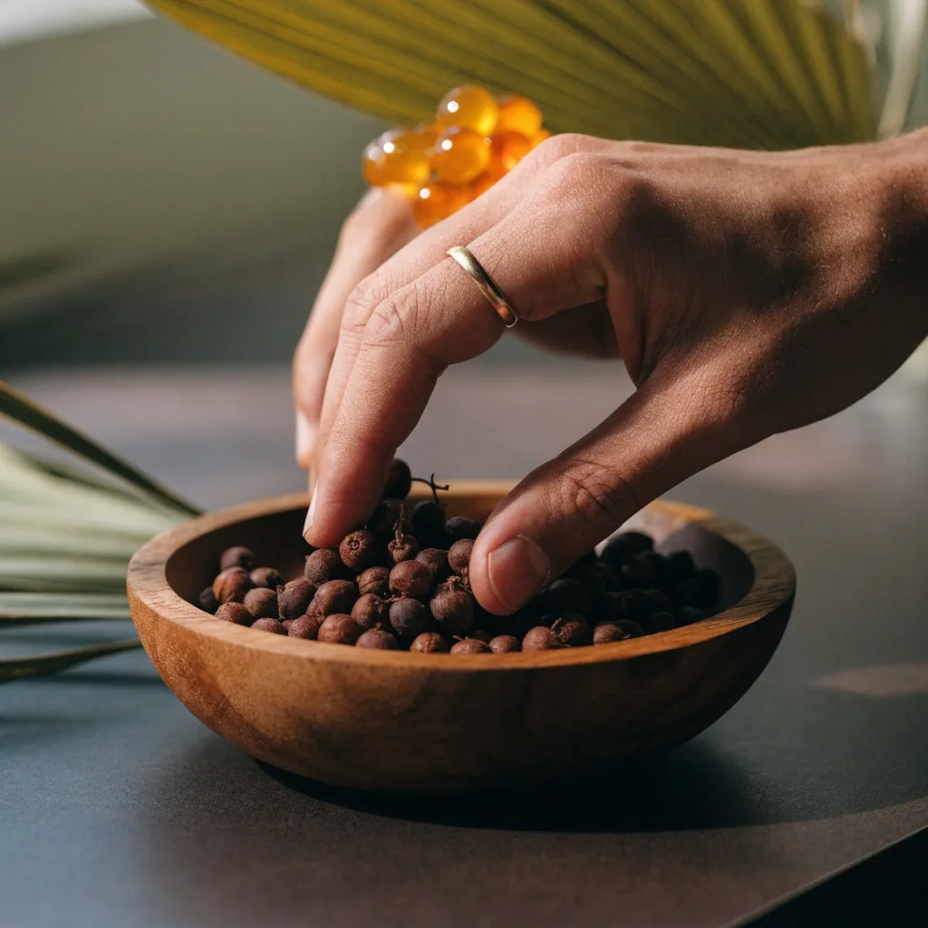 Dried saw palmetto berries and fan-shaped palm leaves arranged on slate beside a plain capsule