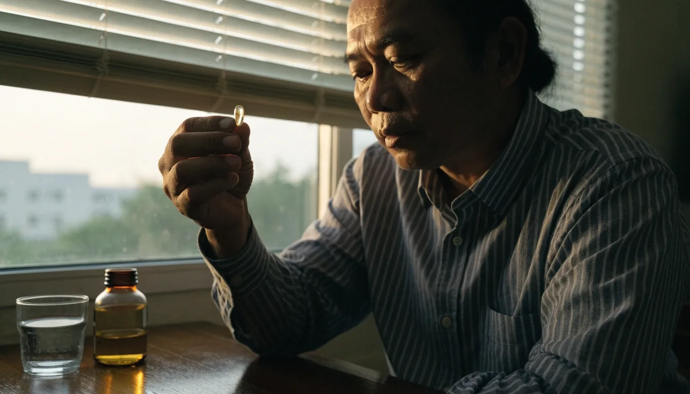 Man holding a softgel capsule in morning kitchen light beside a supplement bottle and a glass of water