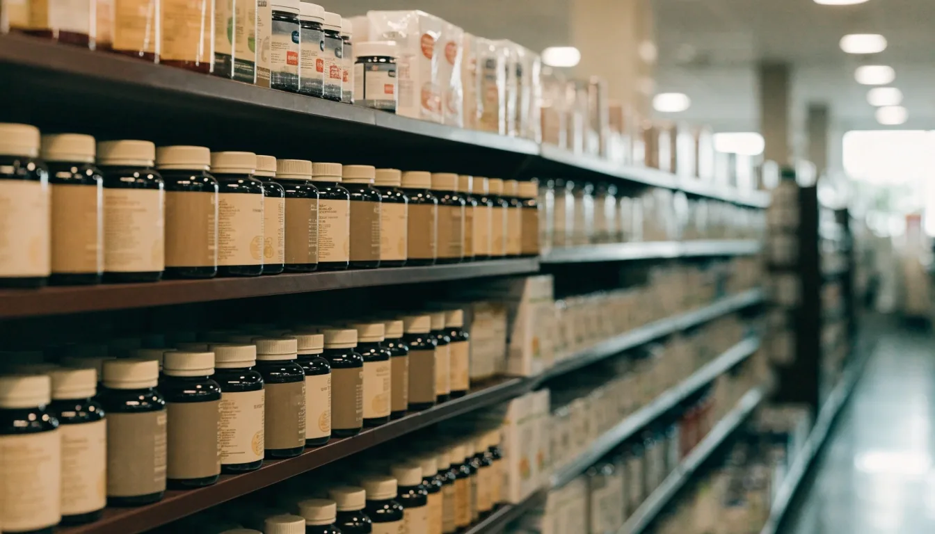 Row of imported supplement bottles on a pharmacy shelf beside locally sold products
