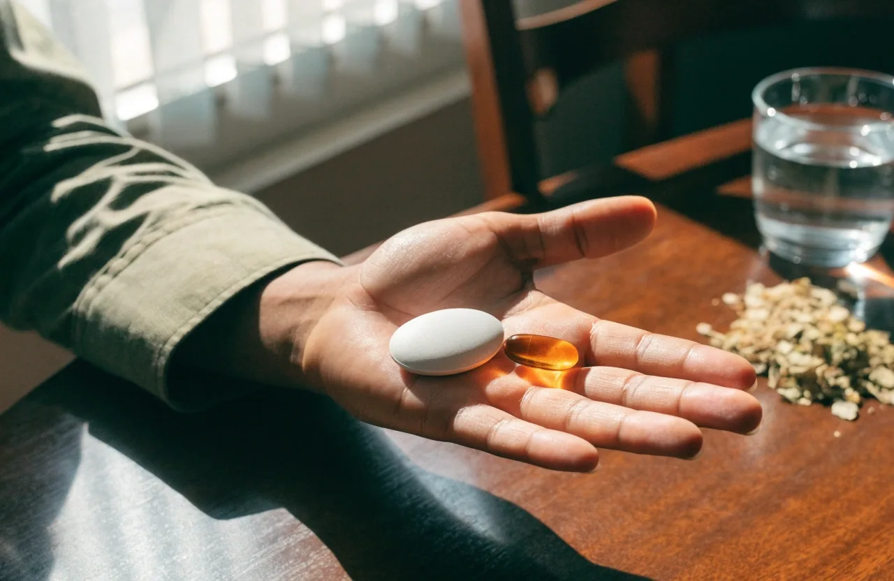White tablet and glossy amber softgel beside a glass dish and dried herbs on a dark counter