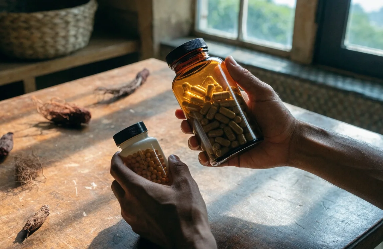 A single supplement bottle on a table beside dried herbal root pieces in low afternoon light