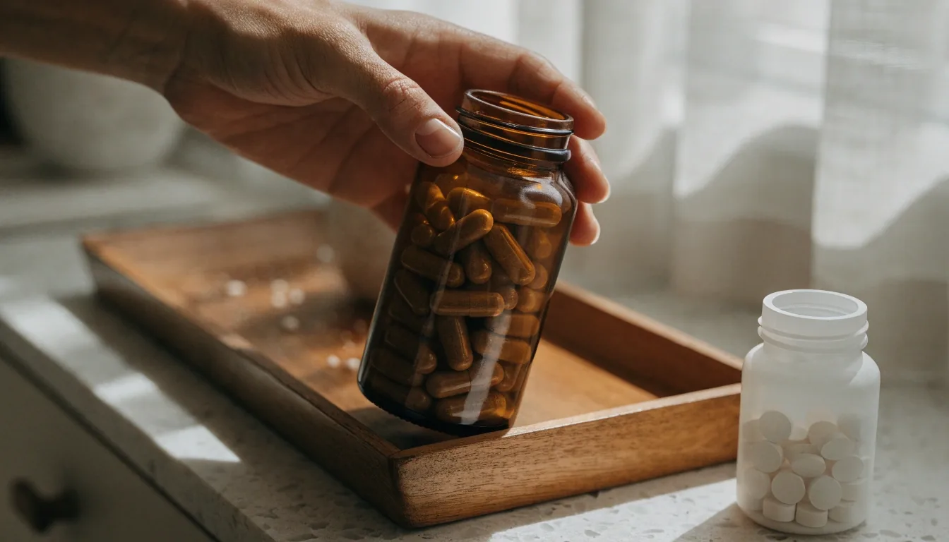 A man reading the back label of a supplement bottle on a pharmacy shelf
