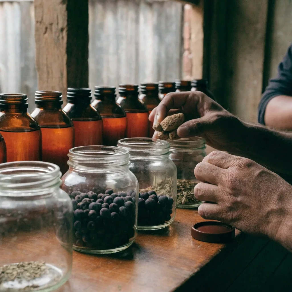 Herbal supplement bottles and dried botanical roots arranged on a dark surface