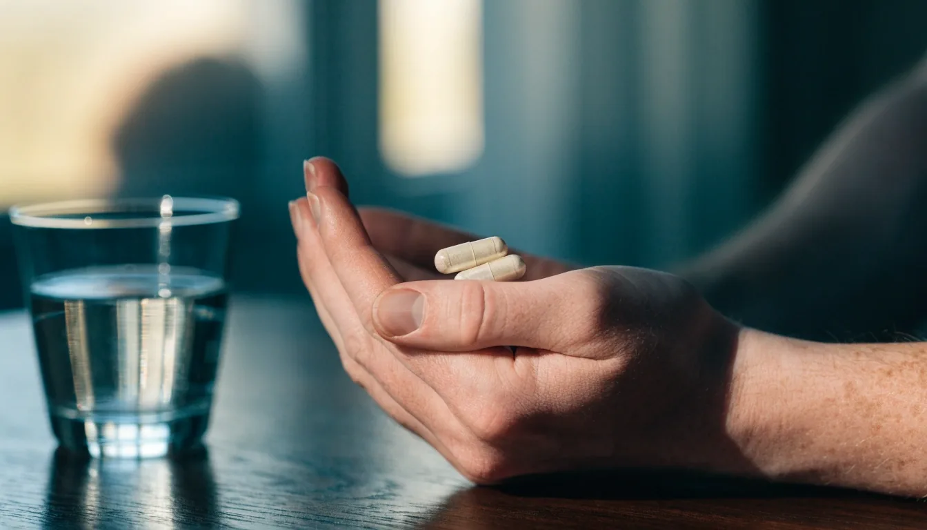 Two unbranded capsules resting in an open palm beside a glass of water