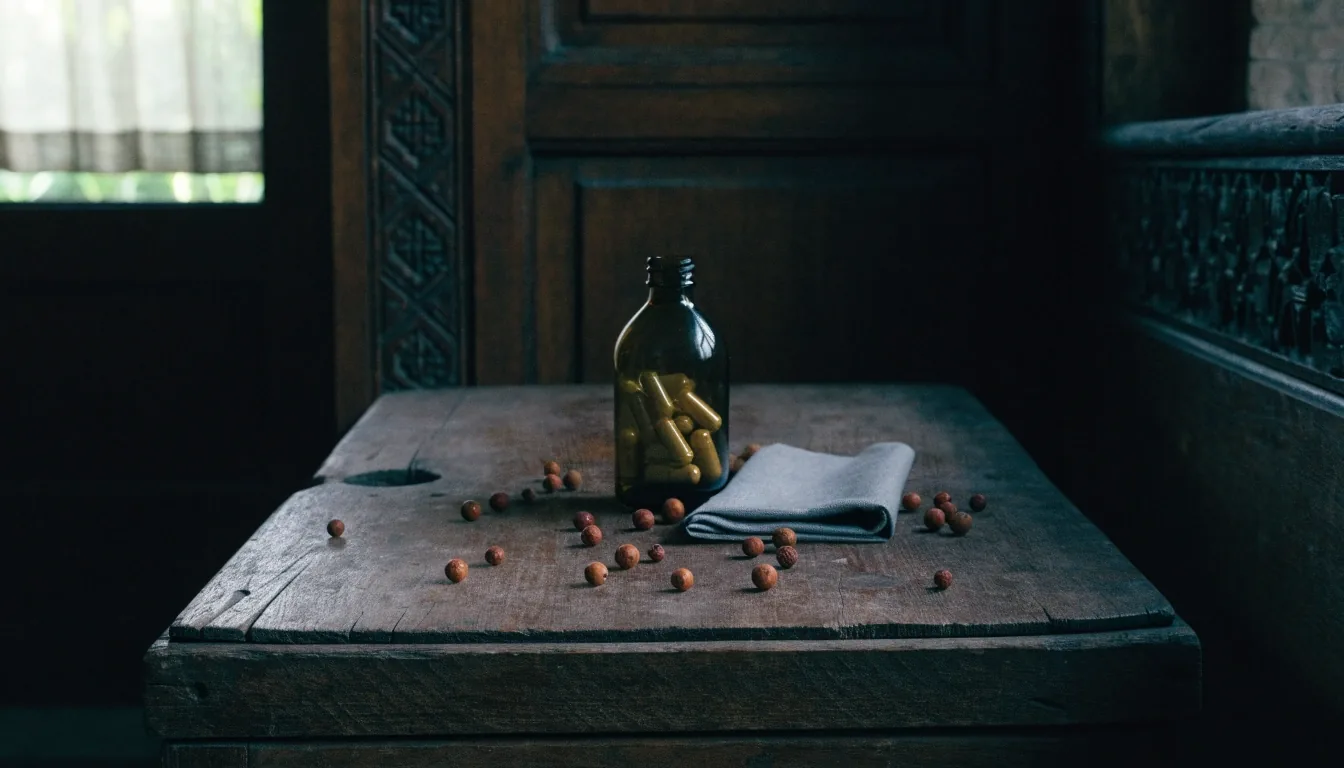 Green herbal capsules in an unlabeled jar and a dried herb sprig on a dark slate surface