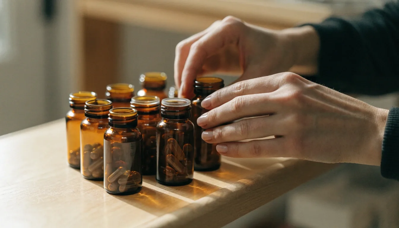 Unlabeled amber supplement bottles and herbal capsules on a wooden table in soft daylight