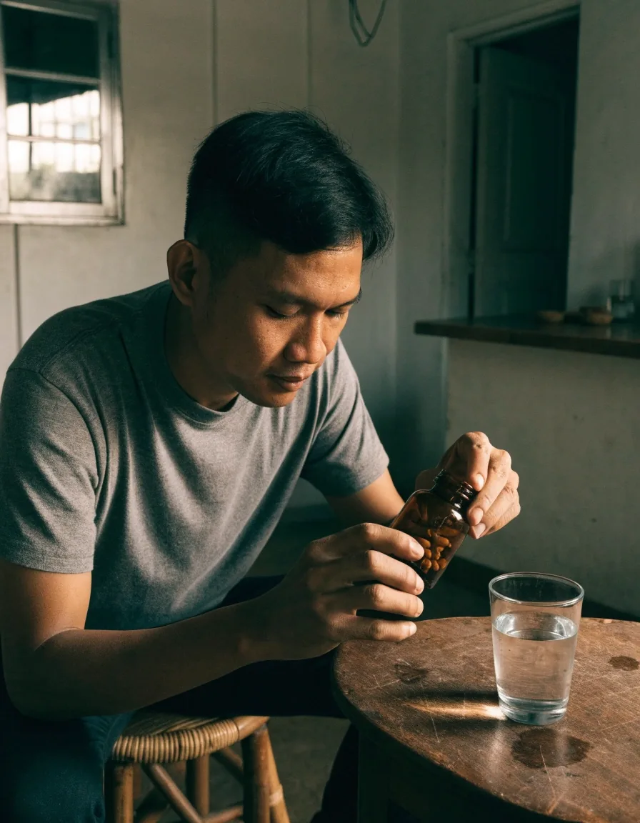 A man reading the back of a plain supplement bottle at his kitchen table