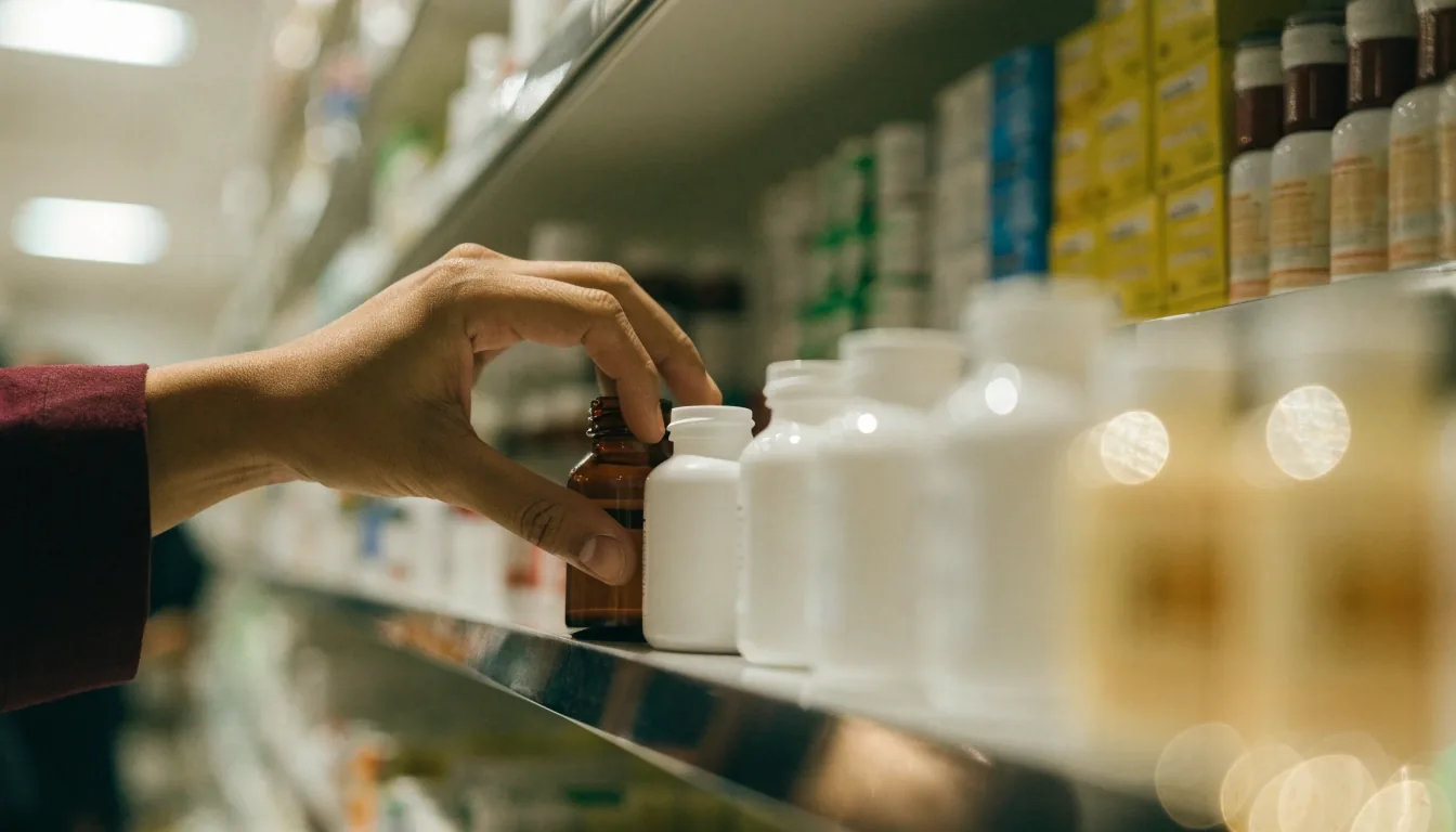 A long supplement aisle in a retail store with rows of plain bottles