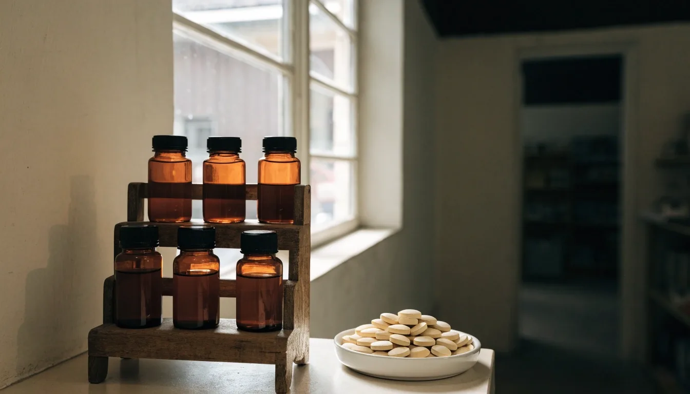 A shelf of plain supplement bottles inside a small neighbourhood pharmacy