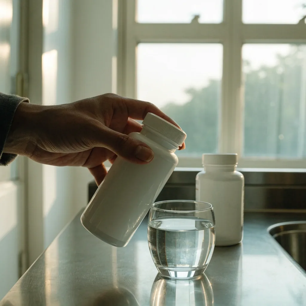 A plain supplement bottle and a glass of water on a kitchen bench in morning light